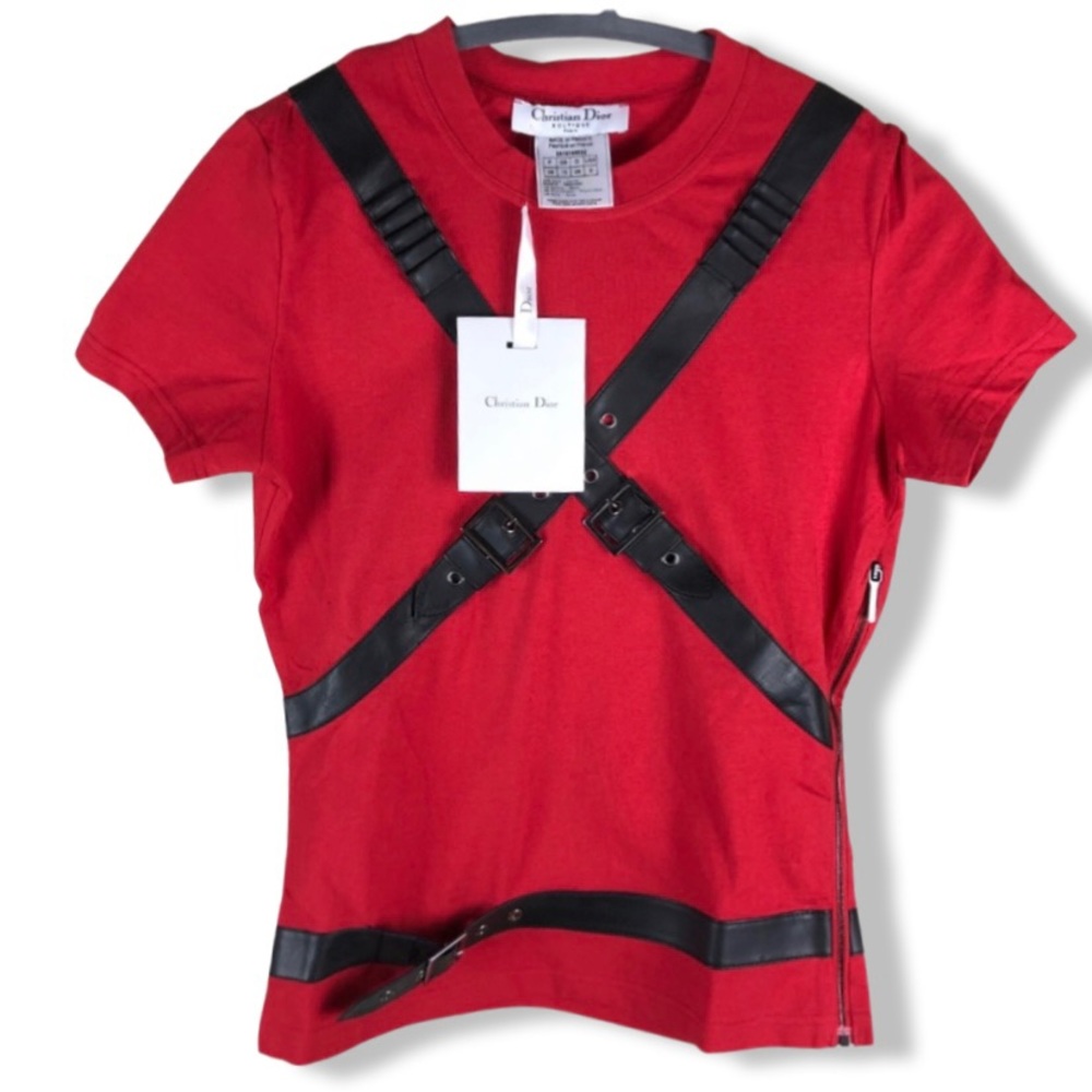 Dior Tee, Galliano Era Y2K  T-shirt, Red, Faux Leather Harness, Side Zip, Size 6
